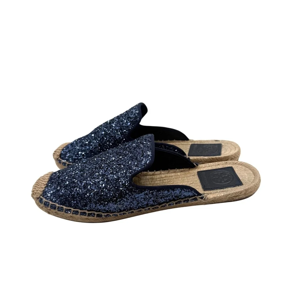 Tory Burch Max Glitter Espadrille Slide‎ Navy Blue Womens Size 6.5 Mules